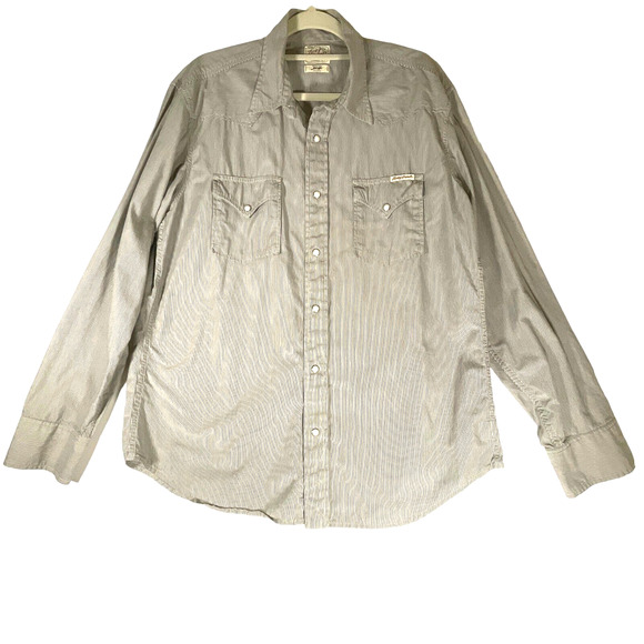 Lucky Brand Mens Sz L Pearl Snap Western Shirt Button Up Gray Striped Flaps Logo - Picture 1 of 12